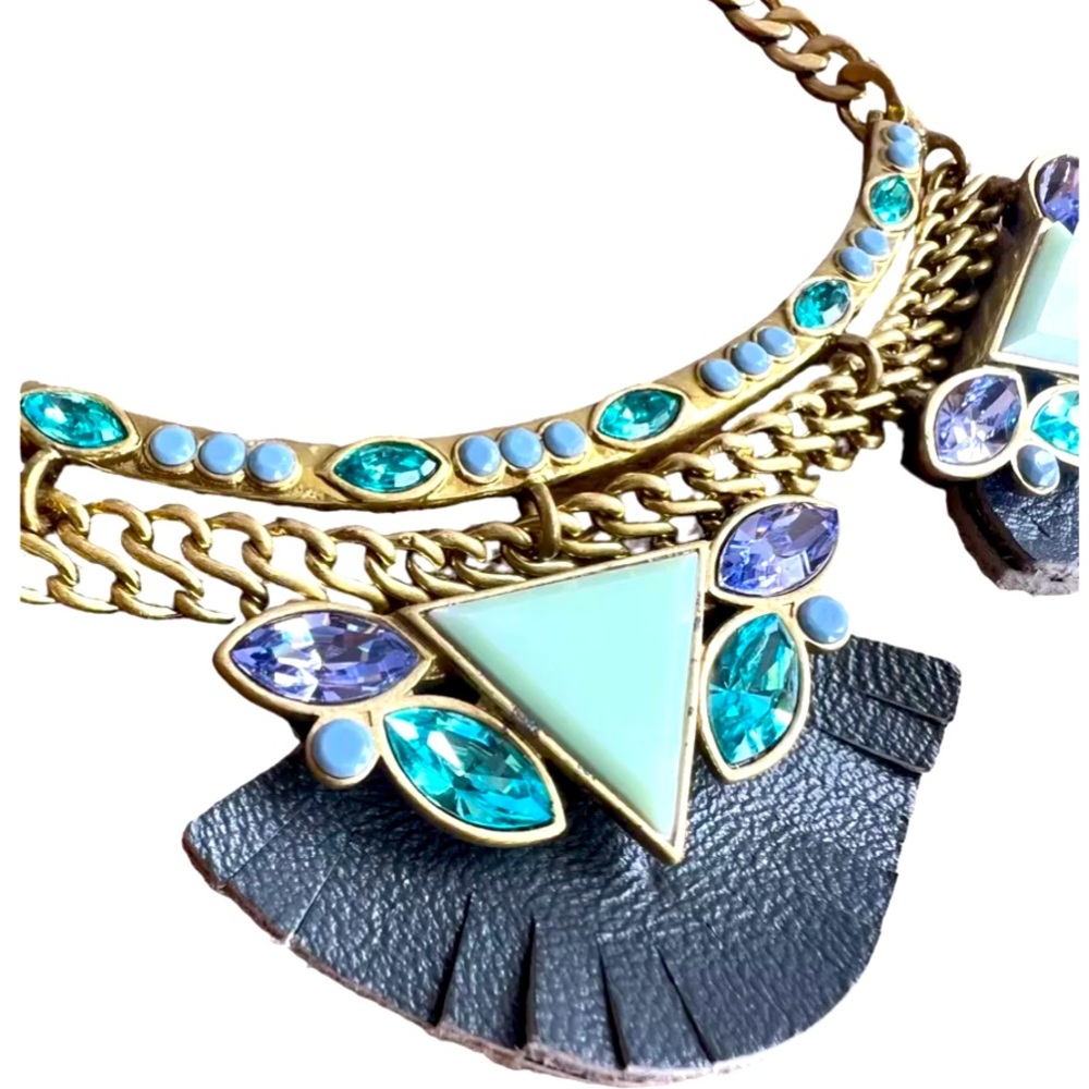 Silpada Vintage K & R Posy Fringe Bib Leather Brass Swarvoski Crystal Necklace - Picture 9 of 10
